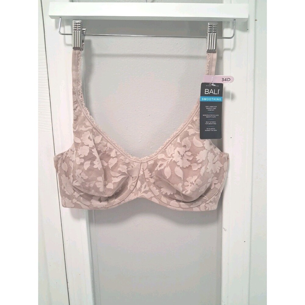 NEW Bali Minimizer Bra Womens 34D Mauve Floral Lace Underwire Full Coverage 6590